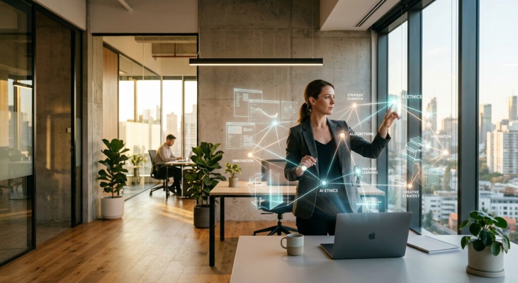Professionista in ufficio che interagisce con un'interfaccia olografica sull'intelligenza artificiale