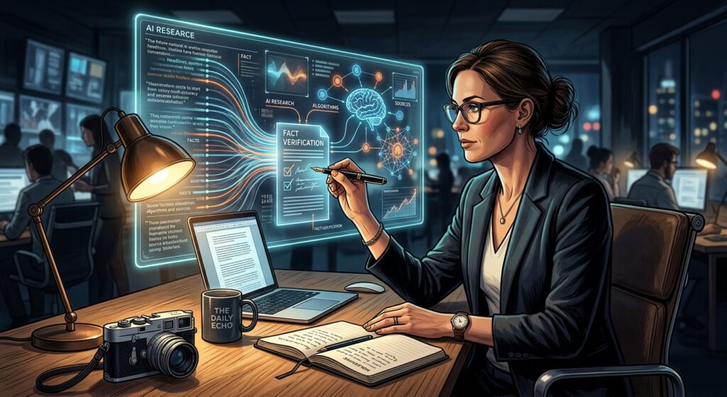 Una giornalista analizza dati e verifica le informazioni tramite un'interfaccia digitale di intelligenza artificiale